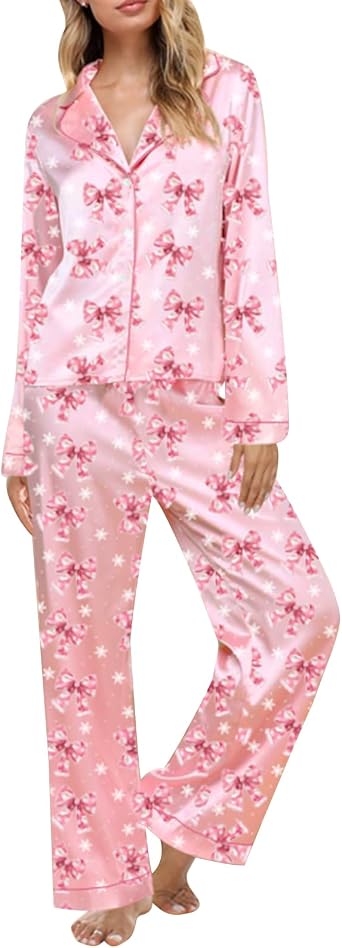 SOLILOQUY Women 2 Piece Christmas Pajmas Set Satin Silk Long Sleeve Shirt and Elastic Pants Cute Xmas Sleepwear Lounge Set