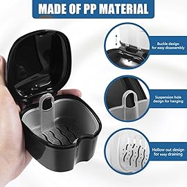 KISEER 2 Pack Colors Denture Bath Case Cup Box Holder Storage Soak Container with Strainer Basket for Travel Cleaning (Blue and Black)