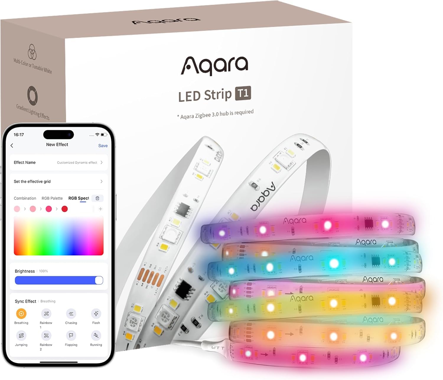 Aqara LED Streifen T1, ERFORDERT Zigbee 3.0 HUB, 2M RGBIC LED mit 16 Millionen Farben/einstellbarem Weiß/Farbverlaufseffekten, Unterstützt Apple Home, Google Home, Alexa, Matter over Bridge