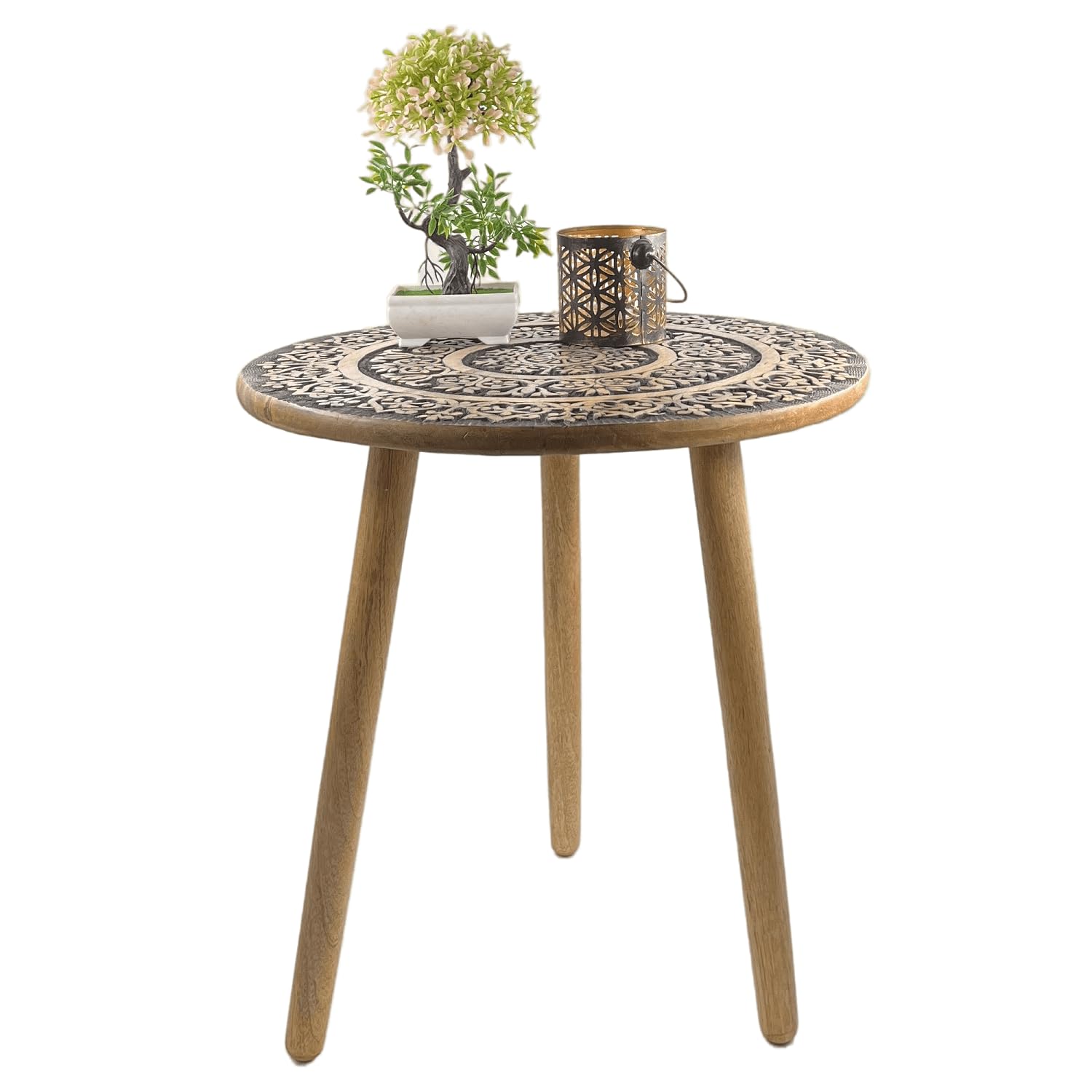 Souq DESIGNS Wooden Round Table Solid Wood Coffee Table with 3 Legs, Hand-Carved Accent Side Table for Living Room, Bedroom,Nightstand Home Décor, Small Round Black Coffee Table 50 cm Diax50 cm H