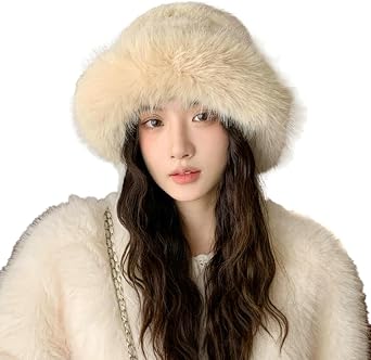 Womens Faux Fur Bucket Hat Warm Plush Fishing Cap Russian Ushanka Snow Hat Fluffy Winter Bucket Hats for Cold Weather