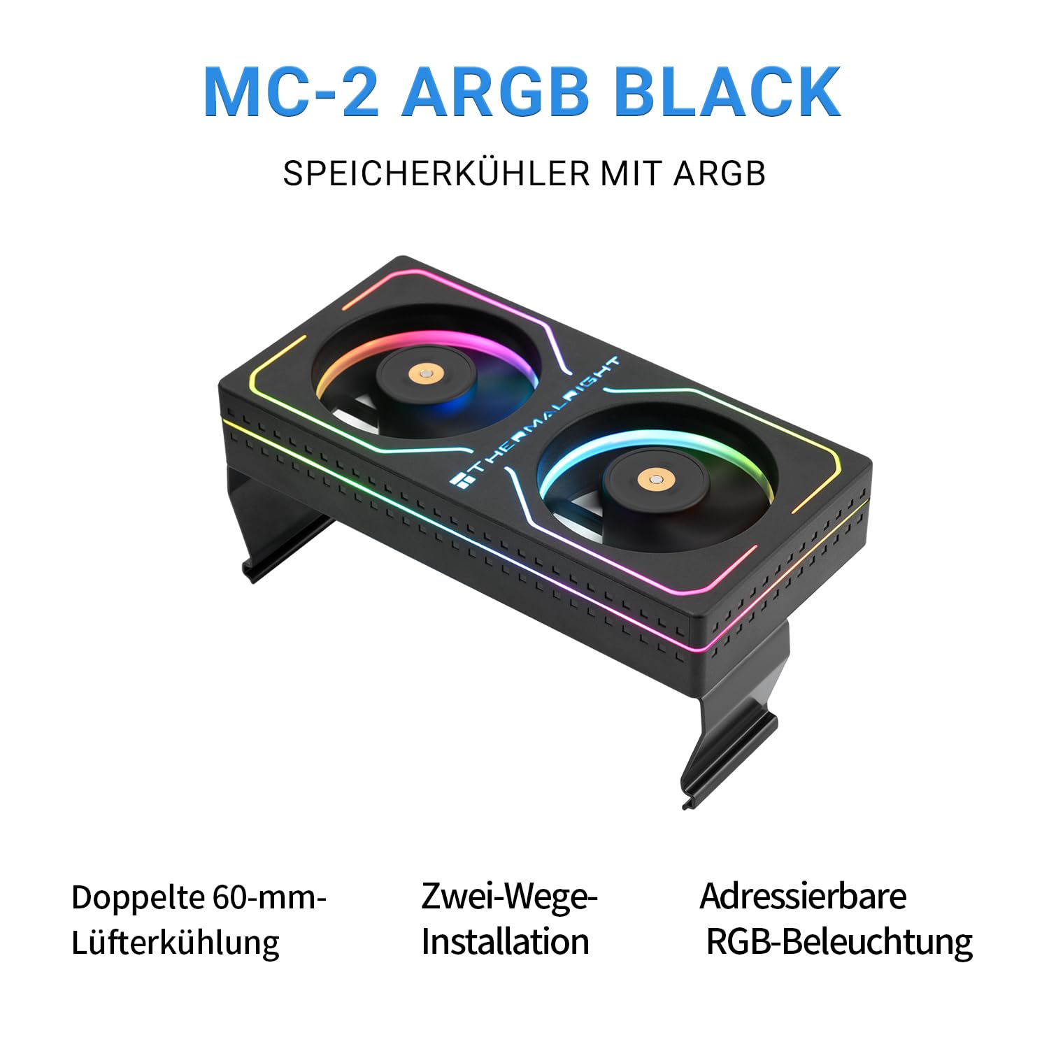 Thermalright MC-2 ARGB Black Memory Cooler, double ventilateur avec design PWM 3200 tr/min, refroidisseur de RAM silencieux, flux d'air de 16,17 CFM pour kits de RAM DDR5/DDR4 de bureau