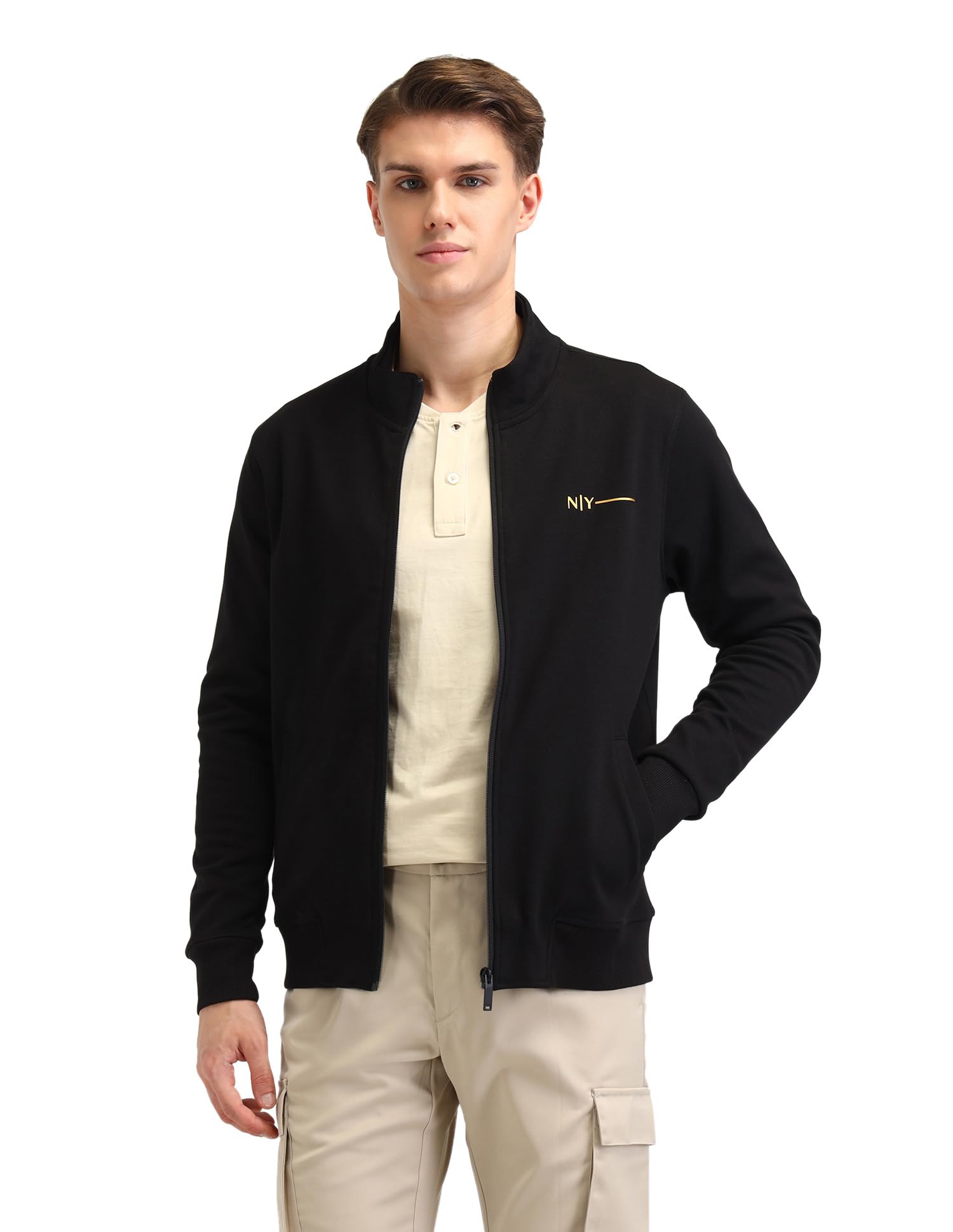 arrow New York Men's Black Solid High Neck Long Sleeve Casual Cotton Regular Fit Sweatshirt-picture-11