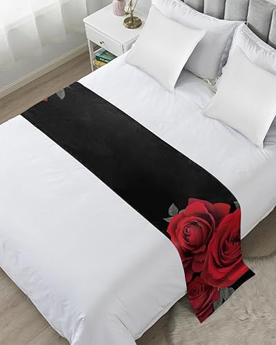 Camino de cama para cama tamaño Queen, Día de San Valentín, diseño de rosas, ramas de hojas, hotel, bufandas, flores románticas, florales, 94 x 20
