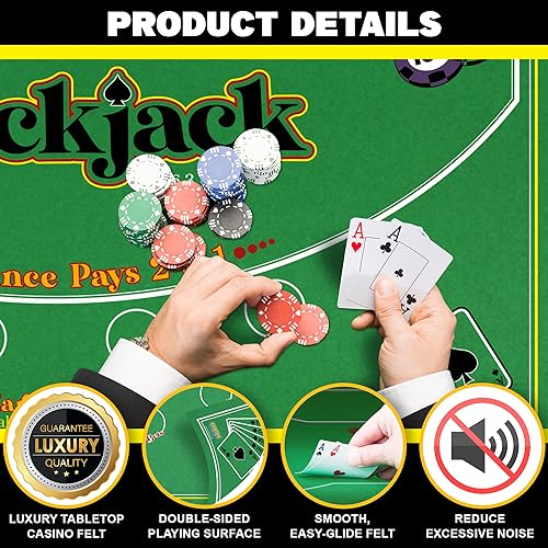 Gamie Double Sided Felt Casino Mat, 36” x 72” for Blackjack & Texas Hold’em Poker, 2-in-1 Texas Holdem Poker Mat & Blackjack Mat, Professional Grade Felt Poker Tabletop Mat with Instructions Booklet