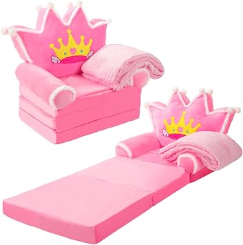 Gifts for Kids Couch 2 in 1 Toddler Couch Fold Out with Flannel Blanket Set Soft Princess Kids Chair for 1-3 Toddler Comfy Convertible Sofa to Lounger Bed for Reading DecorPink