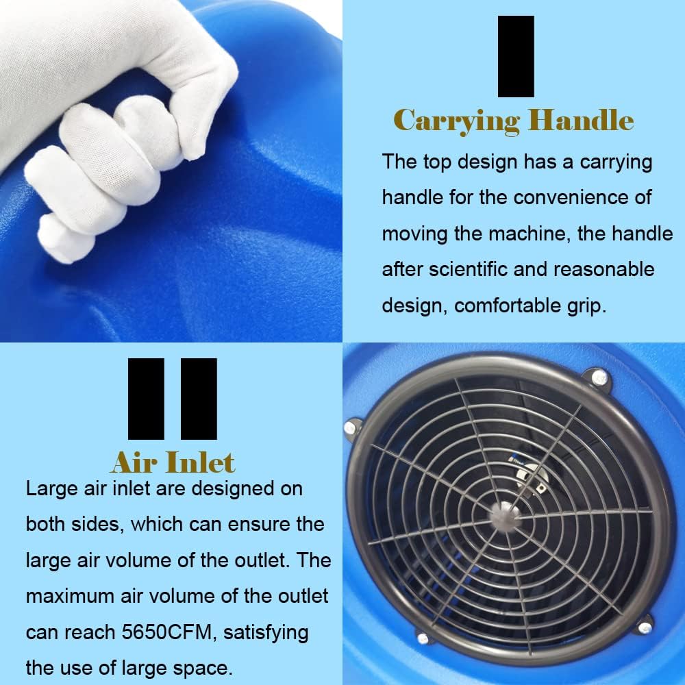 INTBUYING 3-Speed Air Mover Blower Fan Carpet Dryer 1.2HP Heavy Duty Powerful Max Flow 5700 CFM Air Mover Blower Floor Fan Blue 110V