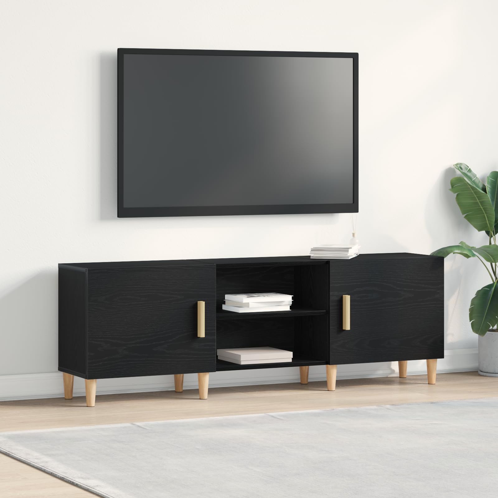Mueble para TV de aspecto de roble negro, 150 x 30 x 50 cm, con espacio de almacenamiento, estantes y puertas con bisagras para sala de estar, cine en casa, juegos y almacenamiento multimedia