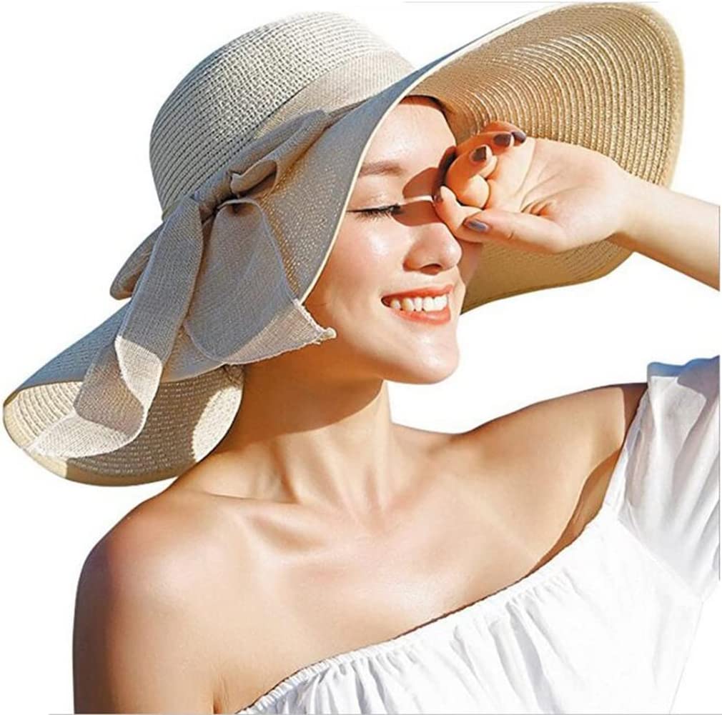 HappyupcityWowen - Sombrero de paja con lazo grande, plegable, ala ancha, protección contra rayos UV, sombrero de playa para verano