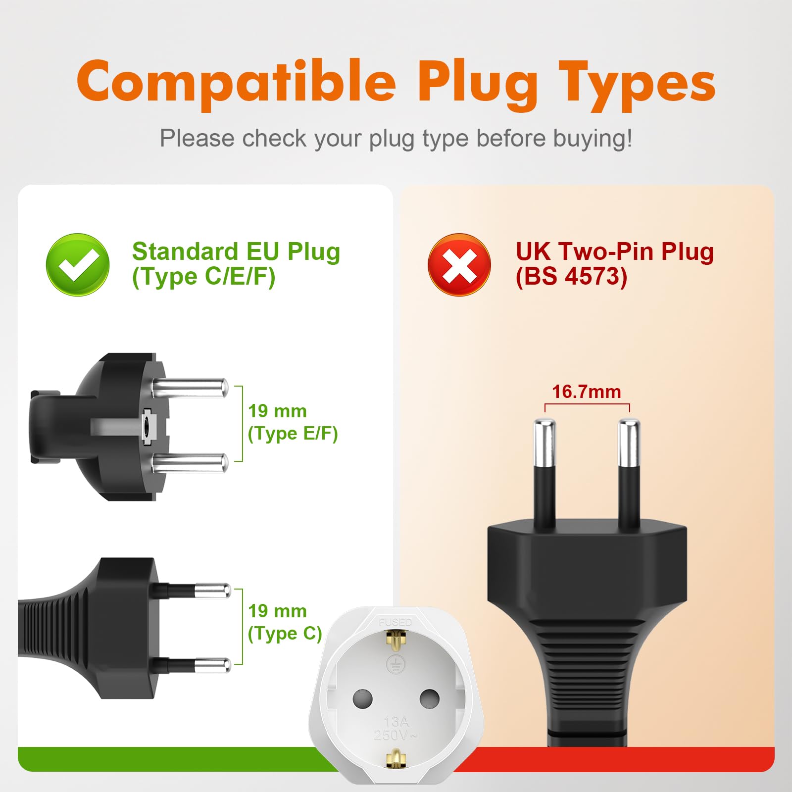 GRIFEMA Adapter z wtyczką angielską z bezpiecznikiem 13A, adapter podróżny z Francji na UK typ G dla Londynu, Anglii, Irlandii, Dubaju, 2-pinowy konwerter z Europy na 3-pinowy UK, zestaw 2 szt
