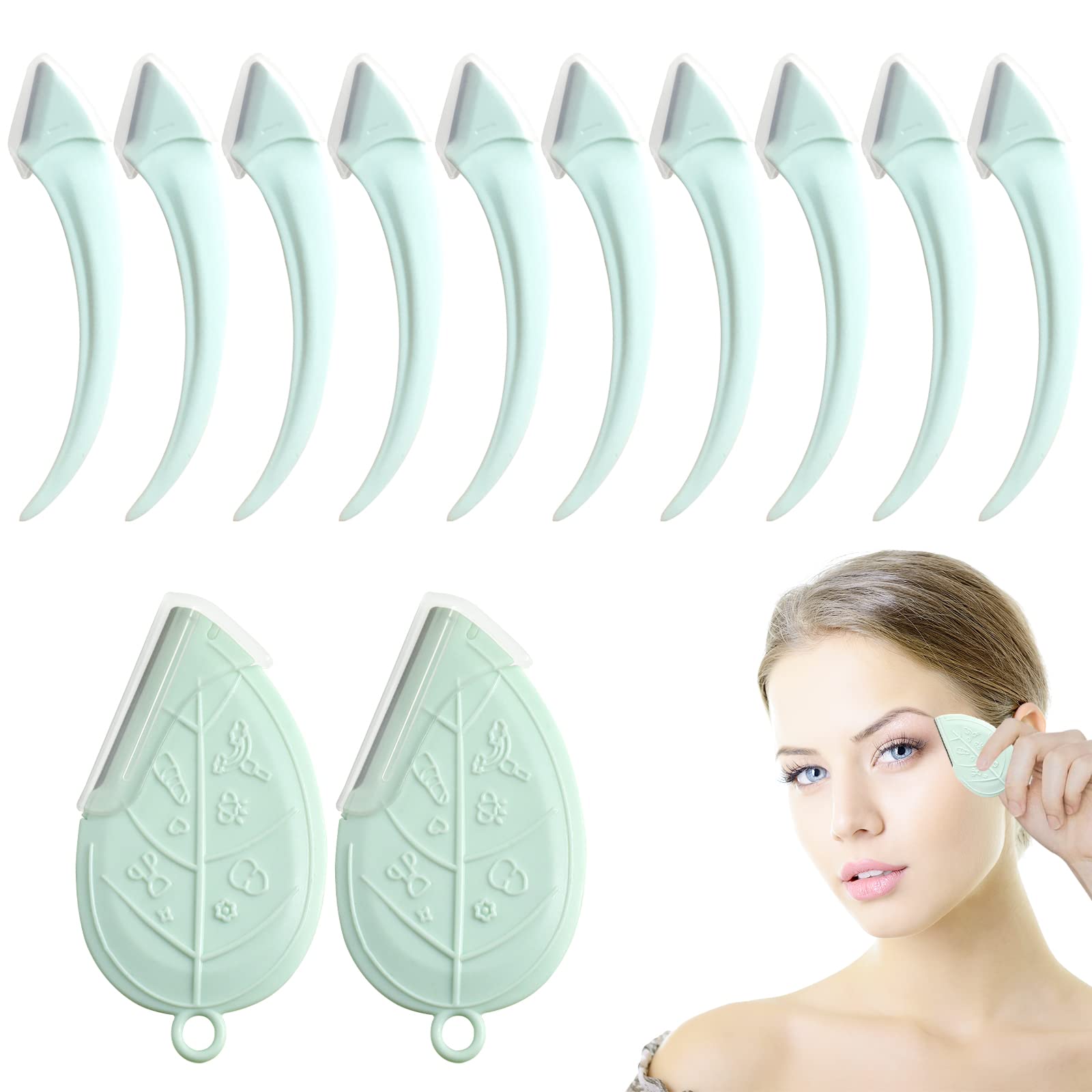 ONEUPIN 12PCS Eyebrow Trimmer Set Stainless Steel Leaves Curved Eyebrow Razor Trimmer Facial Shaver Razor Brow Shaper Suitable for Any Skin Type Hair Removal Accessories for Men Women（Green）