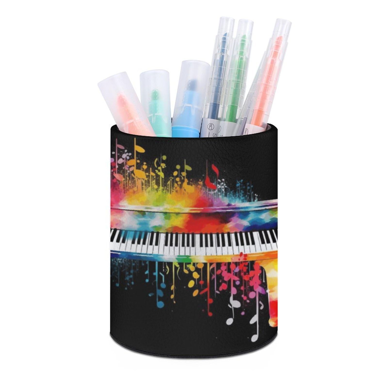 VstaDank Colorful Piano Keyboard Music Note Pen Holder PU Leather Pencil Cup Minimalist Desk Pencil Holder Round Make Up Brush Organizers For Office Dorm Room&Vanity Desk Accessories