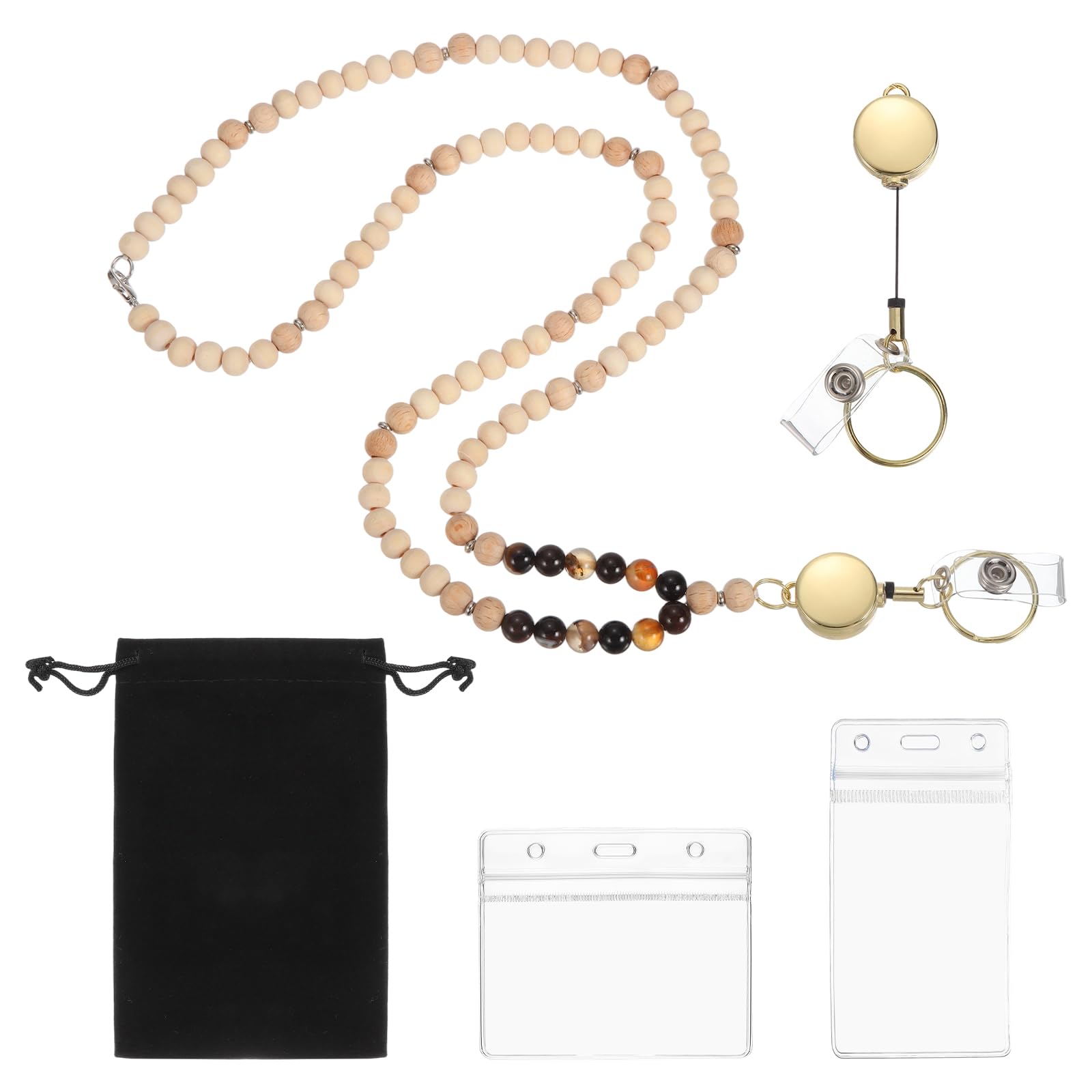 PATIKIL Retractable Wood Beaded Lanyards for ID Badge Holder, Beads Keychain Lanyard with Vertical & Horizontal Badge Holders for Women Teacher Gift Keys Chain Cards, Coffee — image 1