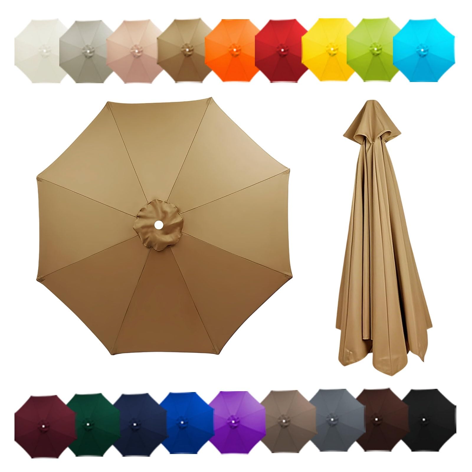 Outdoor Patio Umbrella Replacement Canopy For 6 Ribs/8 Ribs, Replacement Parasol Cover, Table Market Yard Umbrella Top, Sun Shade Accessory(Khaki,6.5FT/2.0M-8Ribs)