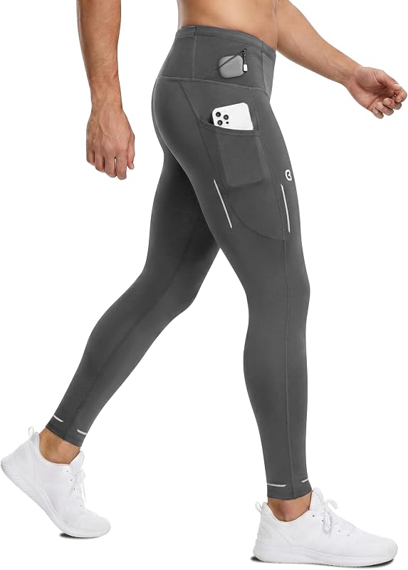Pantalones de compresión para hombre, mallas para correr de secado rápido con bolsillos para entrenamiento, gimnasio | Seguridad nocturna reflectante de 360°, soporte de compresión mejorado, almacenamiento de cintura sin rebote, estiramiento en 4 direcciones UPF 50+, ropa deportiva antideslizante