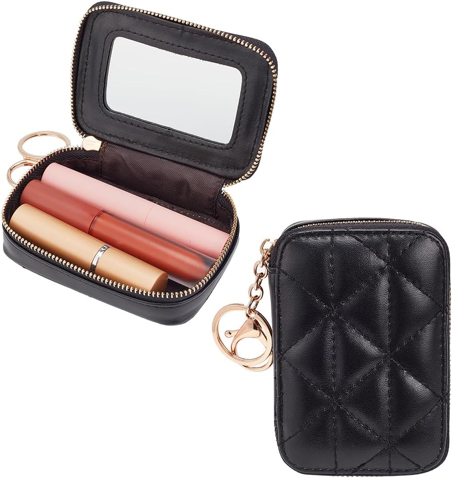 WADORN Mini PU Leather Lipstick Organizer Bag with Mirror & Keyring