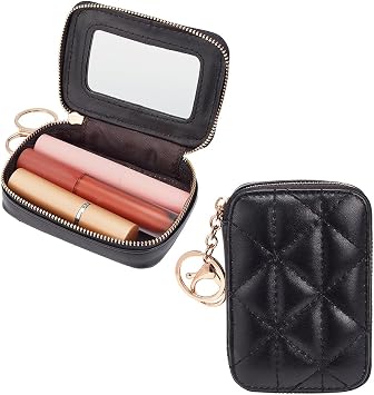 WADORN Mini PU Leather Lipstick Organizer Bag with Mirror & Keyring