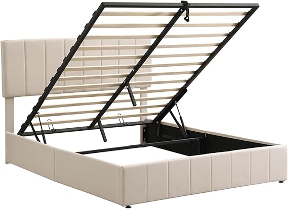 Queen Size Upholstered Platform Bed with Hydraulic Storage - Stylish Beige