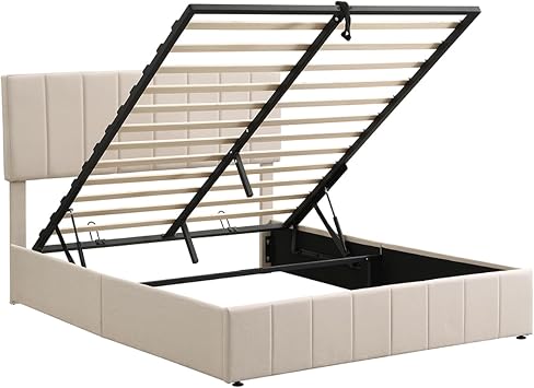 Queen Size Upholstered Platform Bed with Hydraulic Storage - Stylish Beige