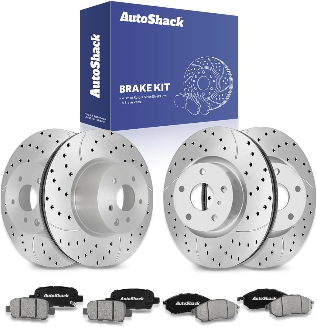 AutoShack Front & Rear Brake Rotors & Ceramic Pads for INFINITI & Nissan, G35 2007-2008 EX35 2008-2010 370Z 2009, AWD RWD V6 3.5L 3.7L - Silver Zinc Coated Drilled & Slotted - SilverShield Pro