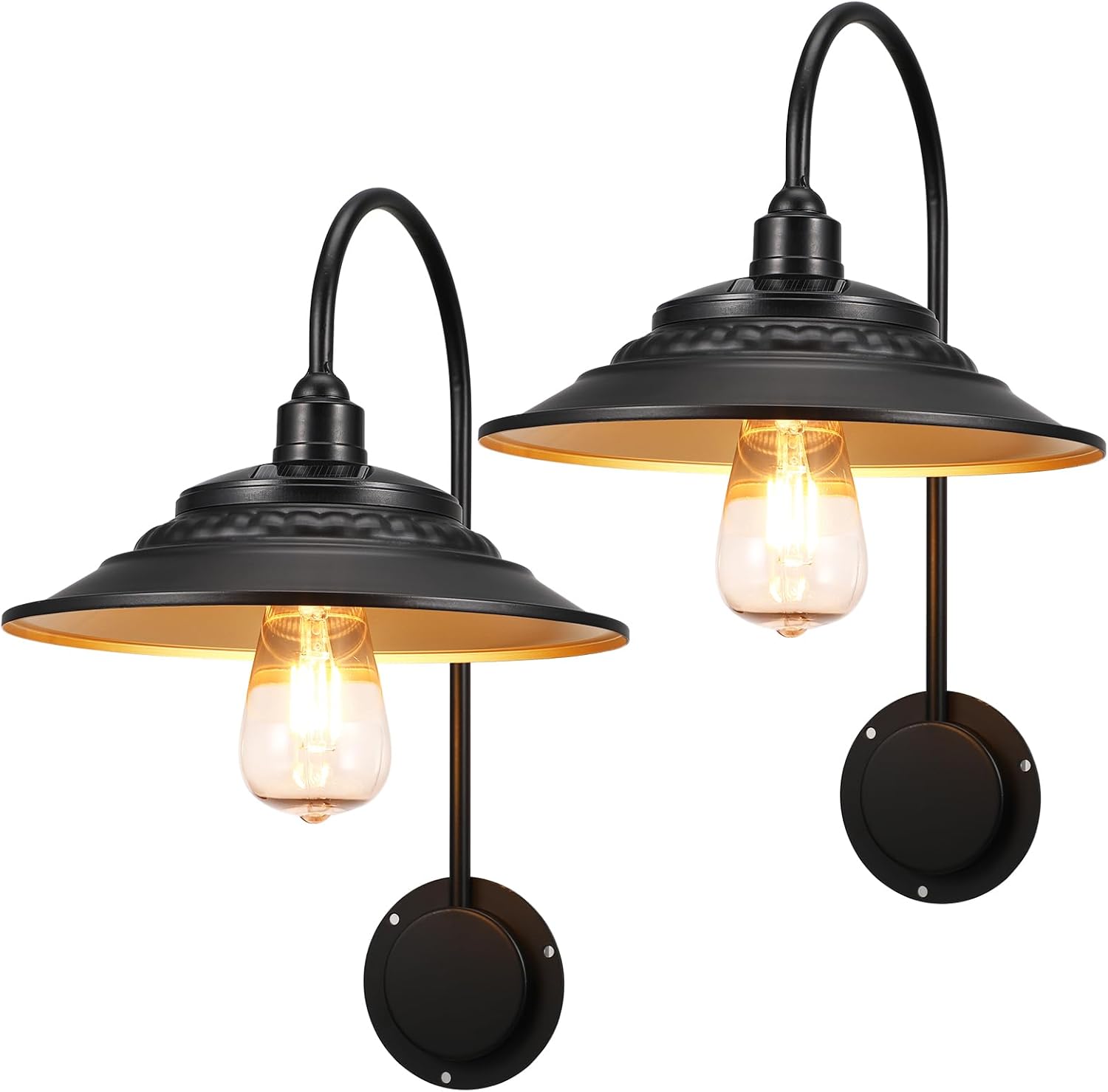 Solar Barn Lights Upgrade, 2PCS Waterproof Wall Light Fixture, Rustic Vintage Metal Gooseneck Solar Wall Mount Lights with Gold Interior, for Outdoor Barn Shed Garage Porch (Black)