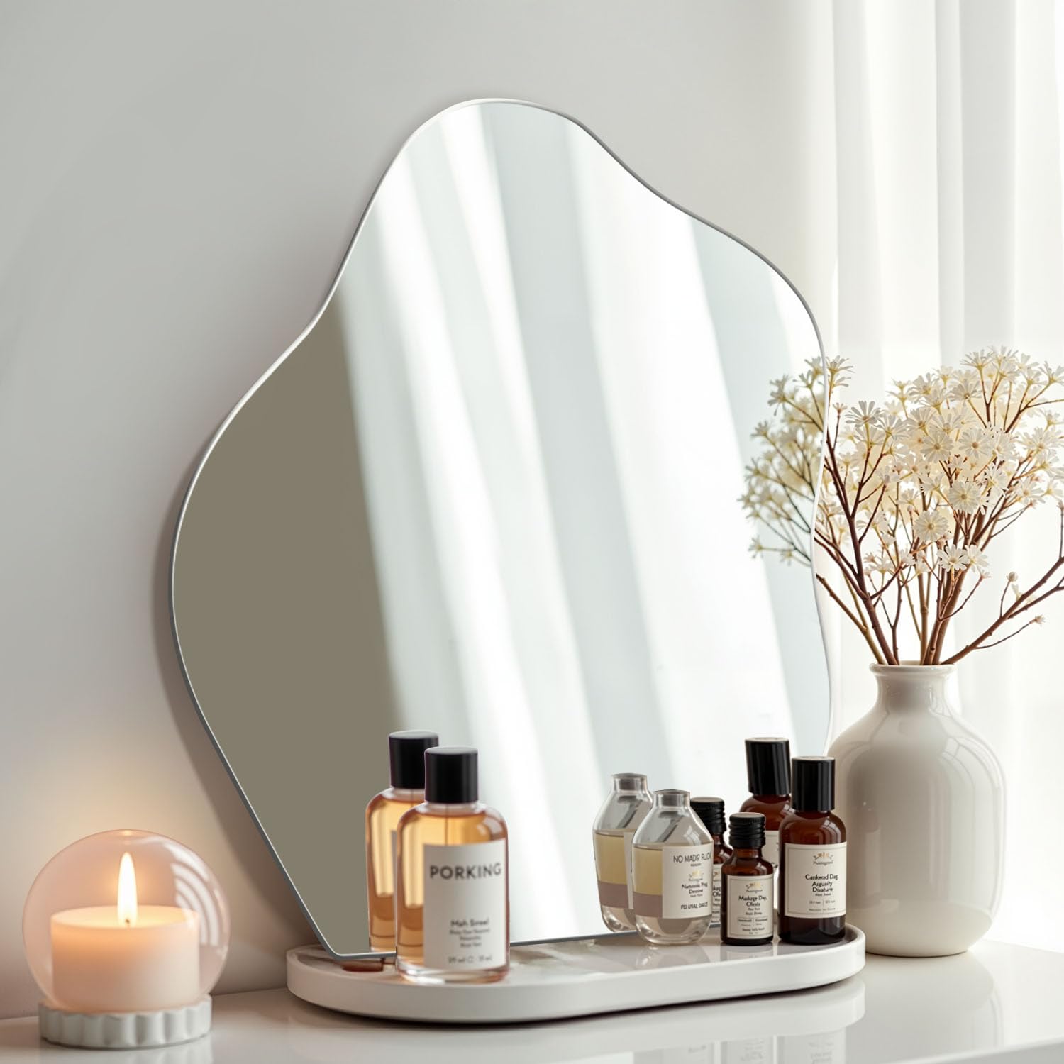 Miroir Mural Asymétrique Miroir Adhesif Mural Verre Trempé Grand Miroirs Salle de Bain, Miroirs Décoratifs Irrégulière Organique pour Chambre Porte Salon Entree (47.7 x 38cm)