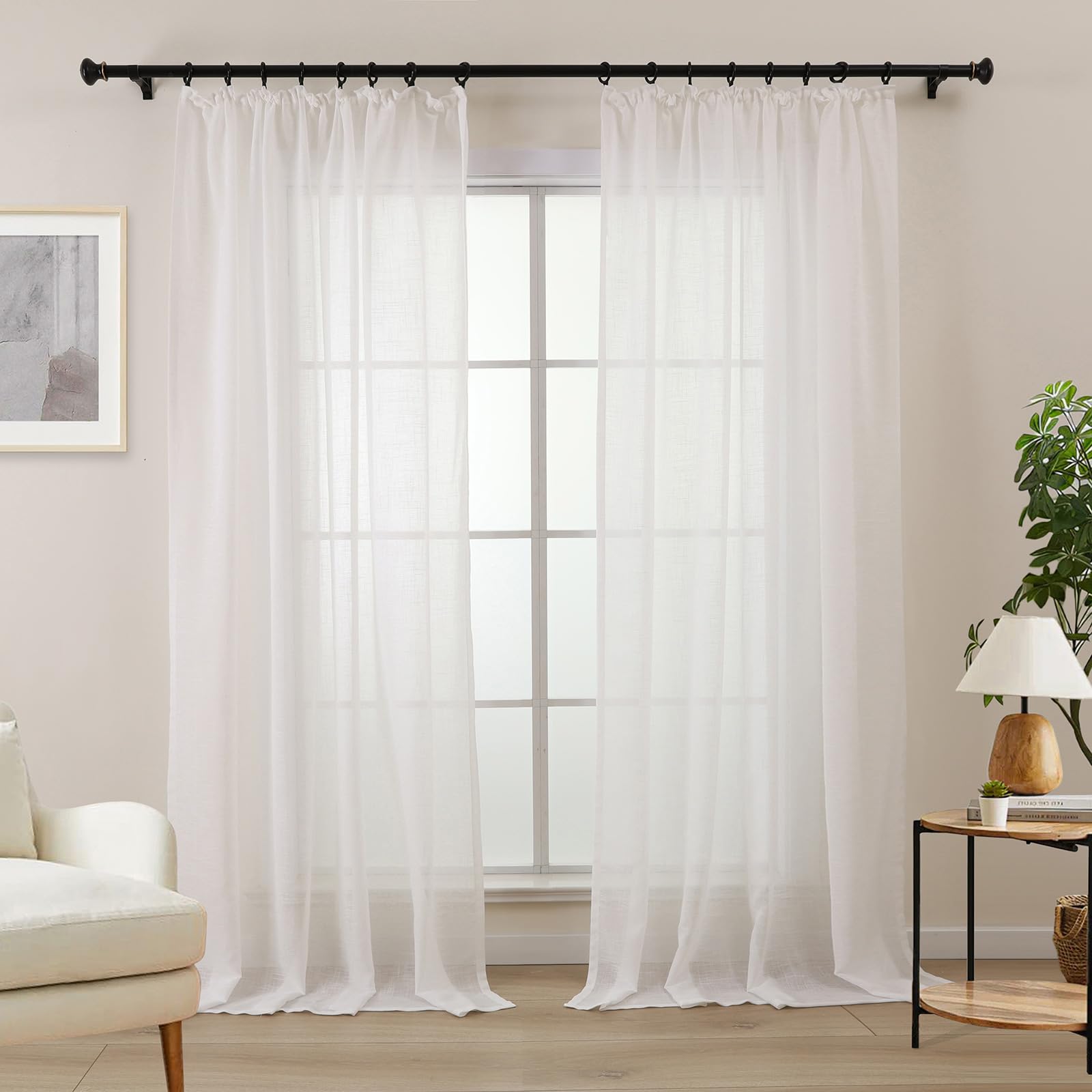 L.Z.E Vorhänge Weiß Lang (245 cm) mit Kräuselband, Schiene Store, 2er Set Transparent Leinenoptik Gardinen für große Fenster, Gardine Vorhang für Schienensystem, Gardinenschal Extra Weich