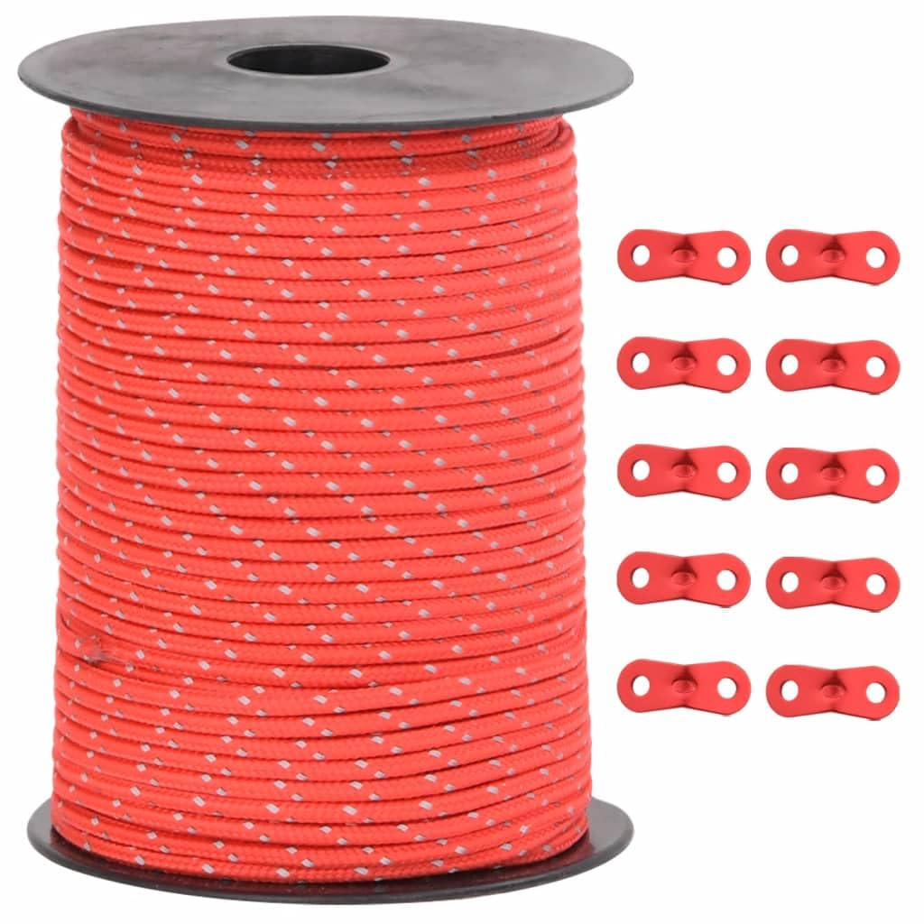 Reflektierende Zeltleine mit Seilspannern, 50 m x 3 mm, Polypropylen Abspannleine rot mit Reflexstreifen, 10 Aluminium Spanner für Camping, Wandern, Tarp und Sonnensegel