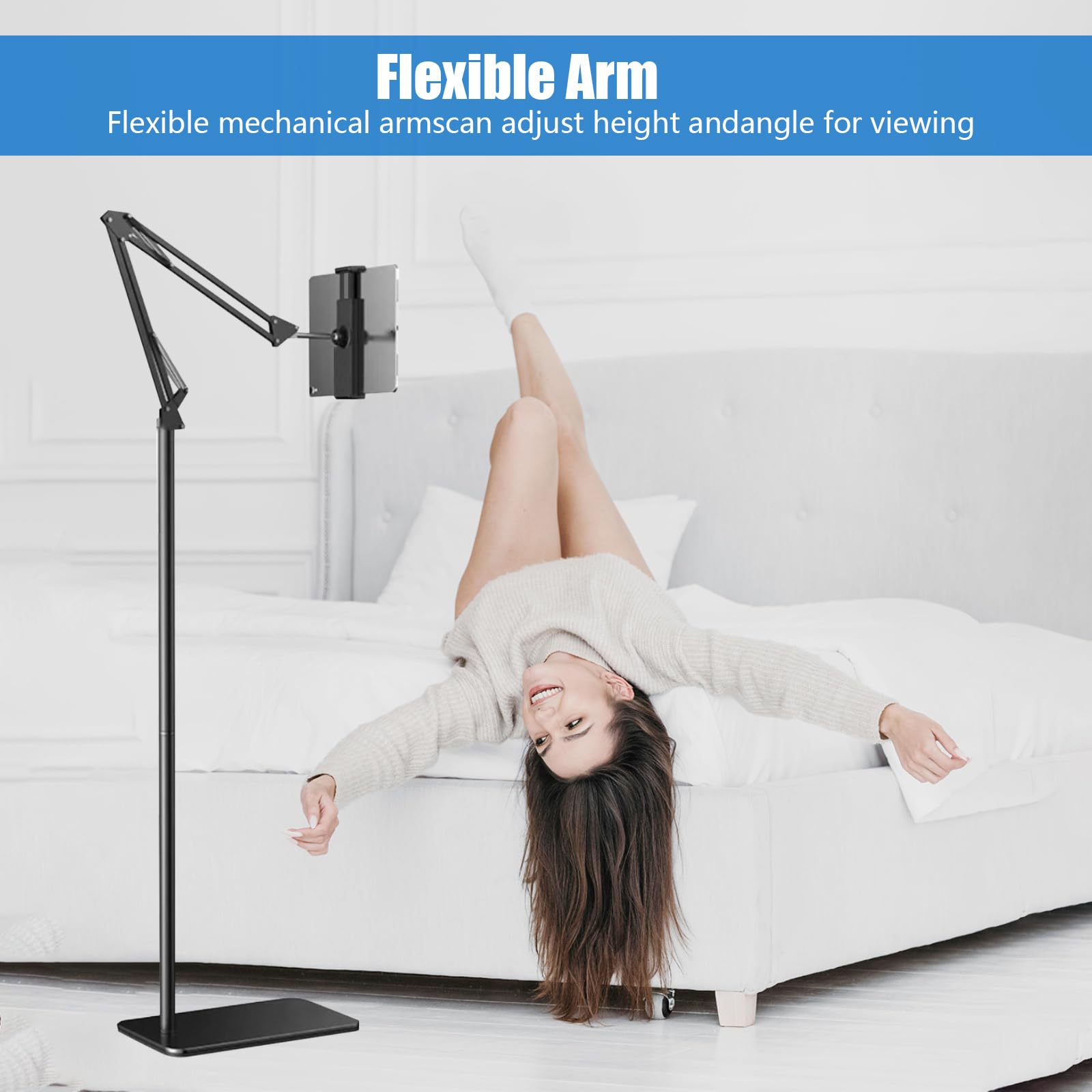 Support Tablette Lit, Support de Tablette Réglable Universel Rotatif à 360 Degrés en Métal, Supports pour Tactile, Tablet Stand avec Bras Stable pour Appareils de 4,7 à 12,9 Pouces