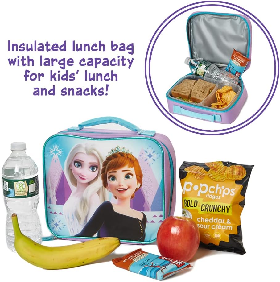 Disney Frozen Lunch Box with Princesses Elsa and Anna - Soft Insulated Lunch Bag for Girls, Purple Sparkle