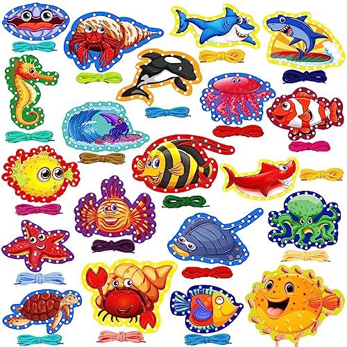 ZAUGONTW 20 Pieces Kids Lacing Cards, Sea Animals Sewing Cards with 20 Colorful Laces, Double Sided Lacing Playing Games for Children Developing Imagination Education Supplies