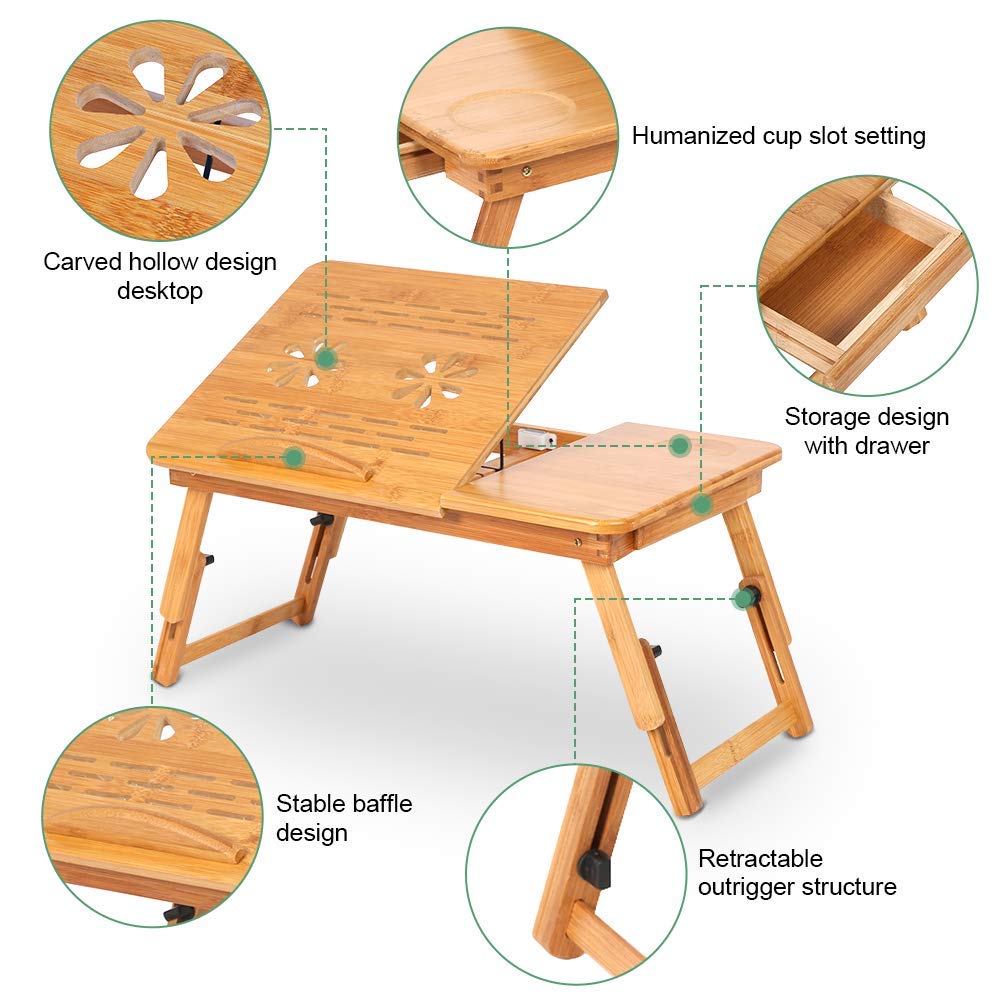 Ejoyous Mesa de Ordenador Portatil Mesa de Cama Plegable Escritorio de Bambú Bandeja para Laptop de Cama Soporte de Bambú para Mesa Cama para Comer Escribir Leer Trabajar