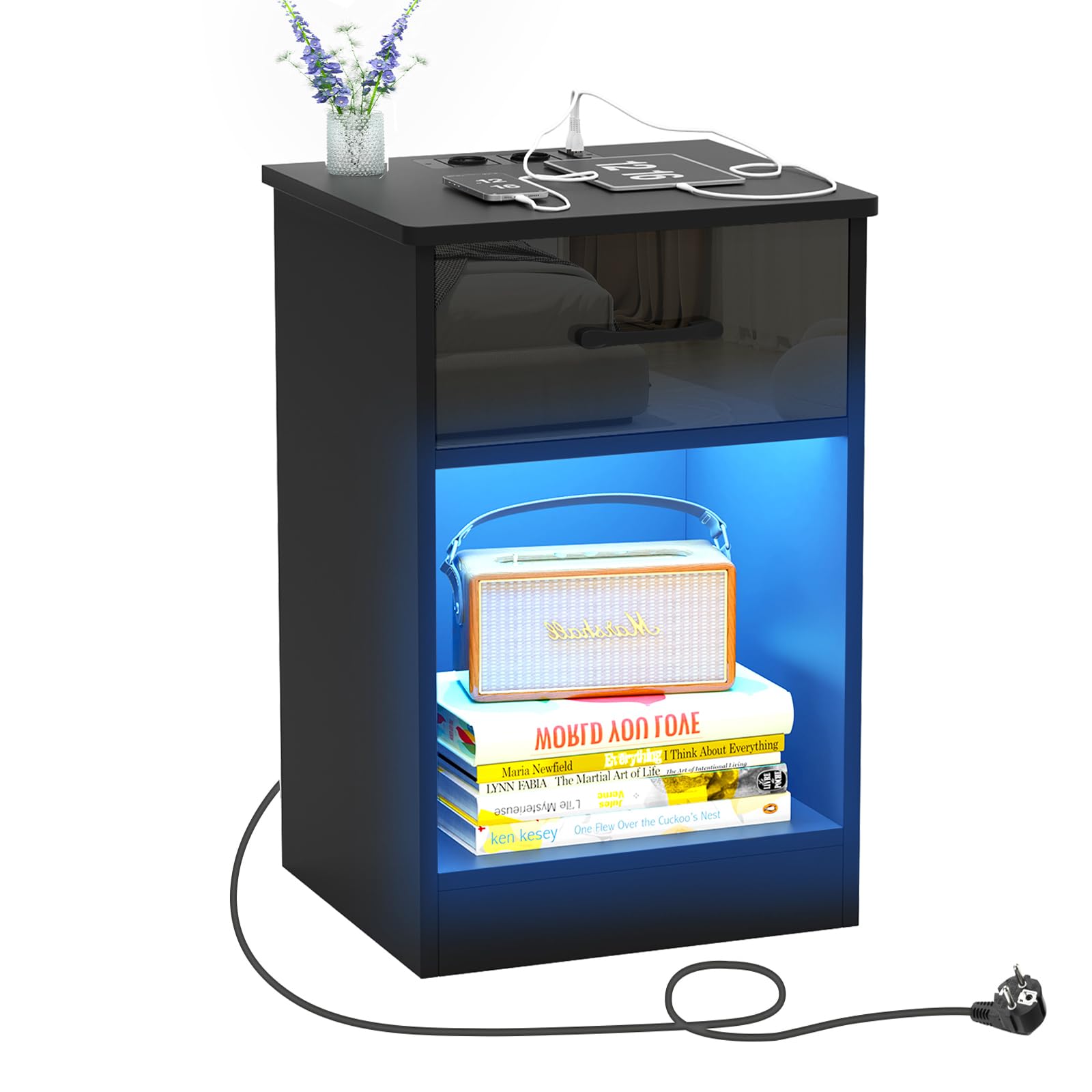 HaodaCulture Mesilla de Noche LED, Mesa de Noche con Estación de Carga, Mesa Auxiliar con Luces LED Ajustables, con Cajón, Compartimento Abierto, para Dormitorio, Salón 40x35x60cm (1 cajones, Negro)