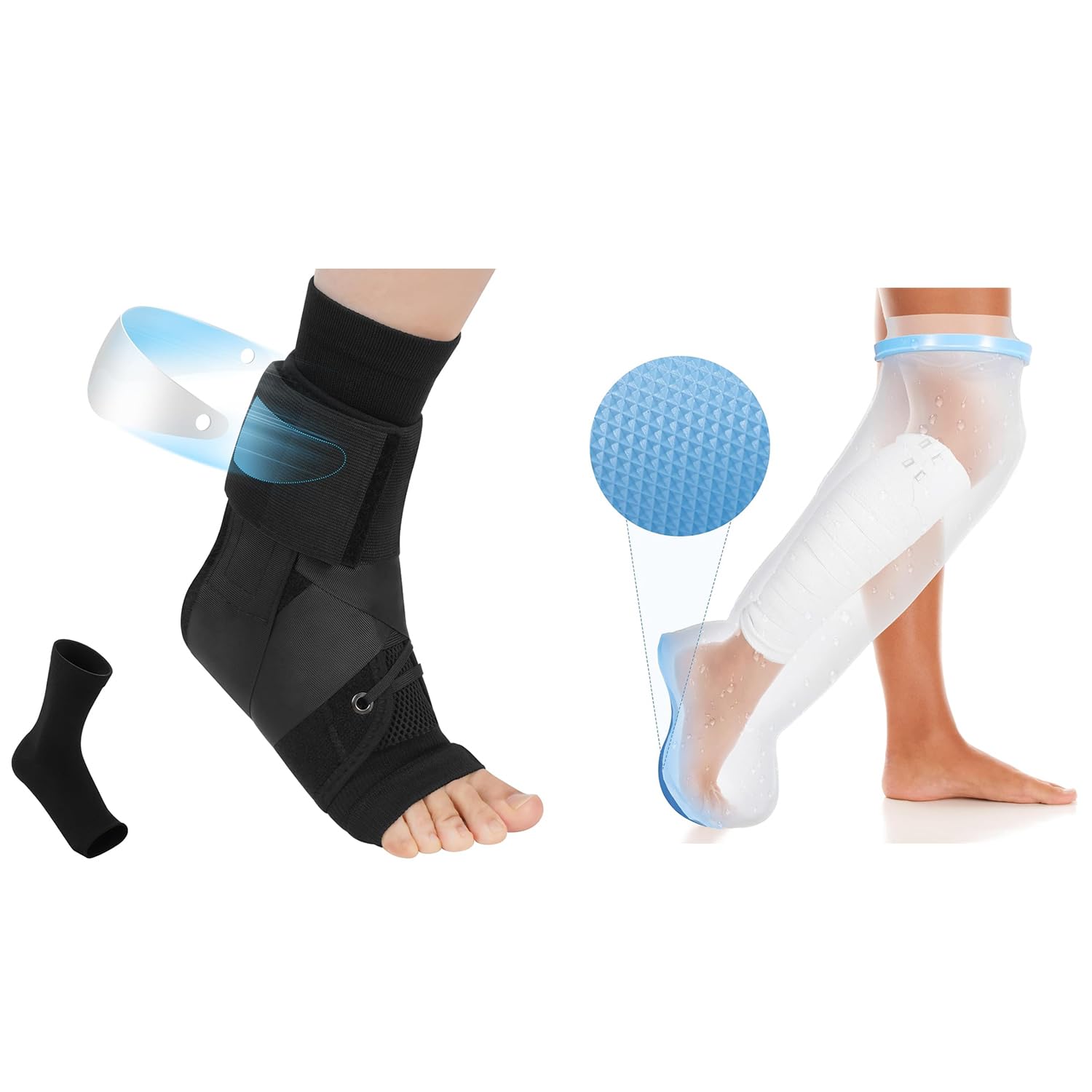 Waterproof Leg Cast Cover for Shower with New Upgraded Non-Slip Padding Bottom-Ankle Brace for Men and Women - Quick Lace Ankle Brace for Running, Basketball