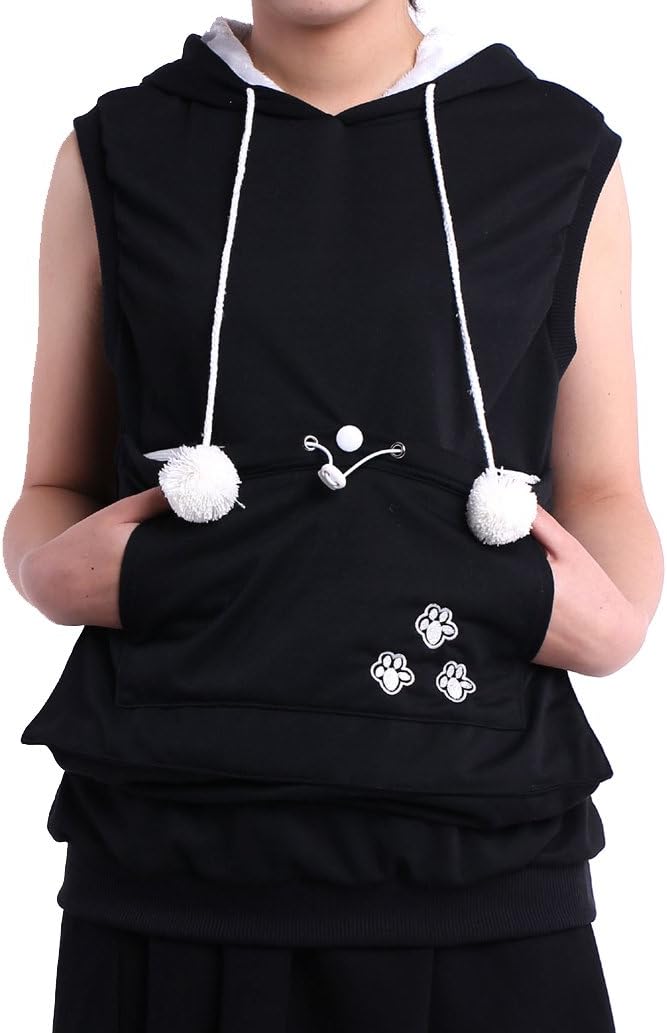 Sleeveless Hoodie Pet Holder Cat Dog Kangaroo Pouch Carriers Pullover Black S