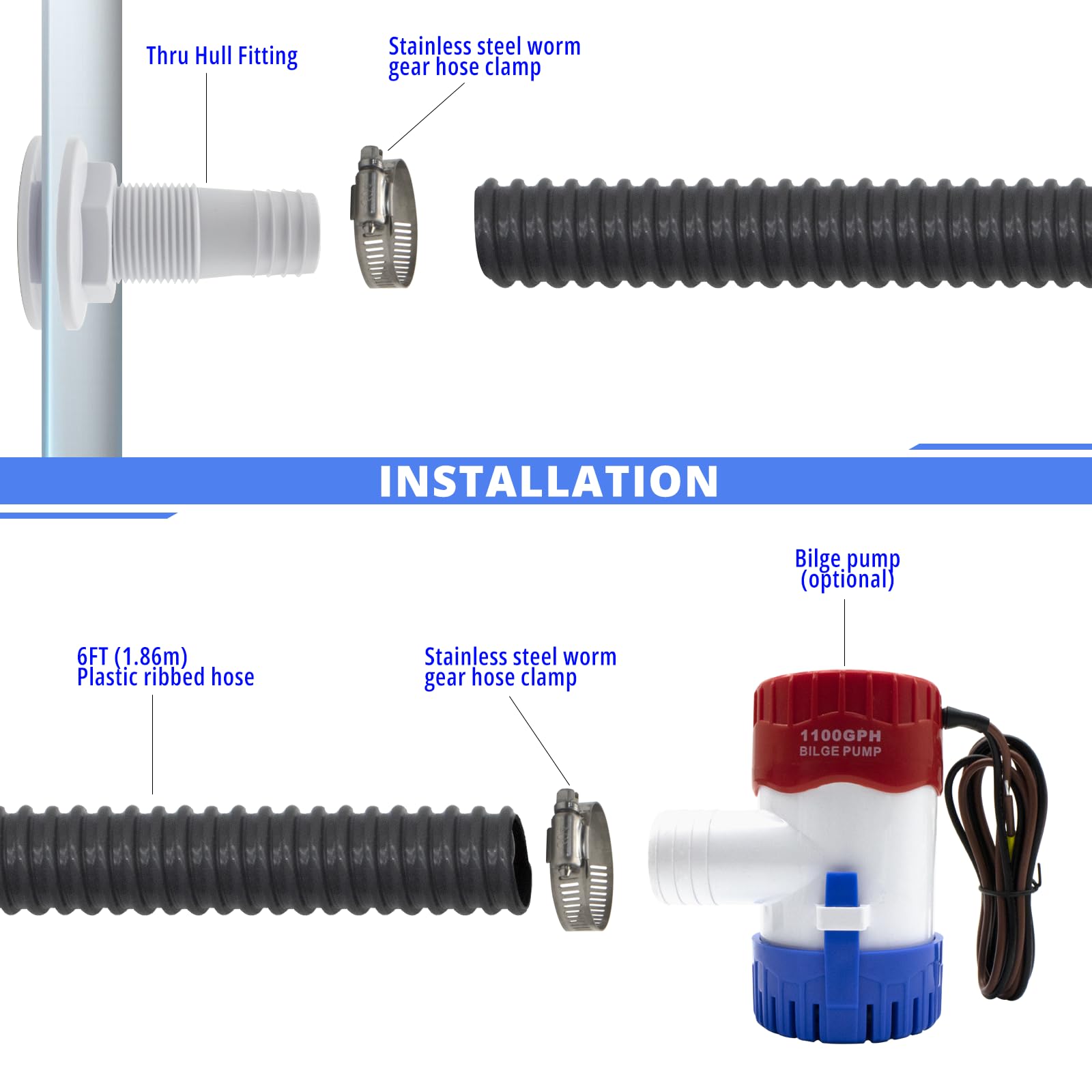 AIRTAK 1-1/8 Inch 1100GPH Electric Bilge Pump Kit - 12V Submersible Boat Bilge Water Pump with Thru-Hull Fitting & 2 Stainless Steel Clamps - Compatible with Yachts, Pools, and Marine Applications