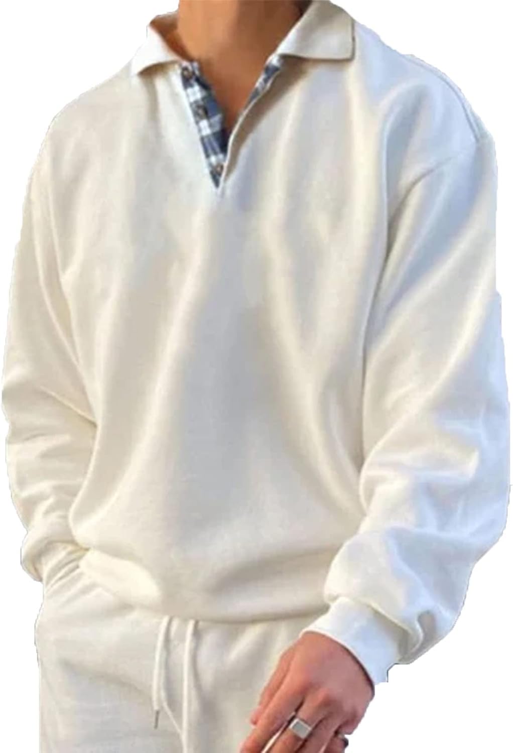 Men’s Classic Polo Shirt Long Sleeve Pullover Gentleman Ocean Sweatshirts Lightweight Casual Tops White XX-Large
