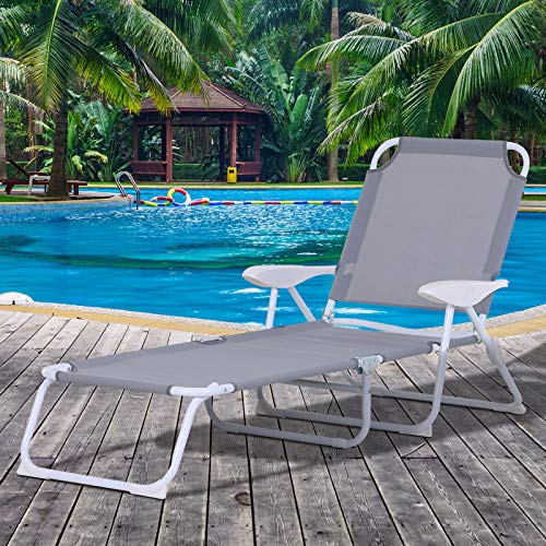 Outsunny Folding Chaise Lounge, Outdoor Sun Tanning Chair, 4-Position Reclining Back, Armrests, Iron Frame & Mesh Fabric For Beach, Yard, Patio, Gray #TOP1