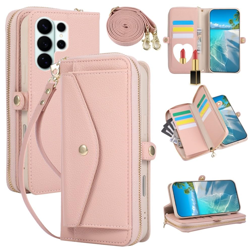 Étui Samsung Note10 Plus portefeuille rose en cuir avec sangle et fermeture éclair - 8