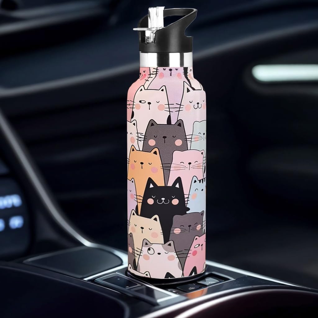 Cat Water Bottle Adult Kids With Straw Lid Insulated Stainless Steel Travel Mugs for Sport Gym Outdoor 20oz - Image 4