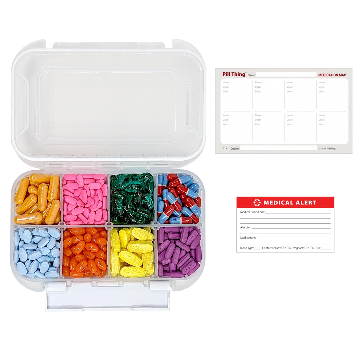Large Pill Organizer, 8 Compartment Big Pillbox for Travel, Airtight Design, Easy Travel Medication Management, Adjustable Dividers, Gasket Waterproof Med Box with Medication Map (Clear - 1 Pack)