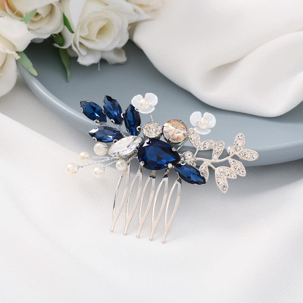 Catery Blue Rhinestone Bride Wedding Hair Comb Ceramic Flower Bridal Hair Clips Headpiece Hair Accessories for Women and Girls - Image 5