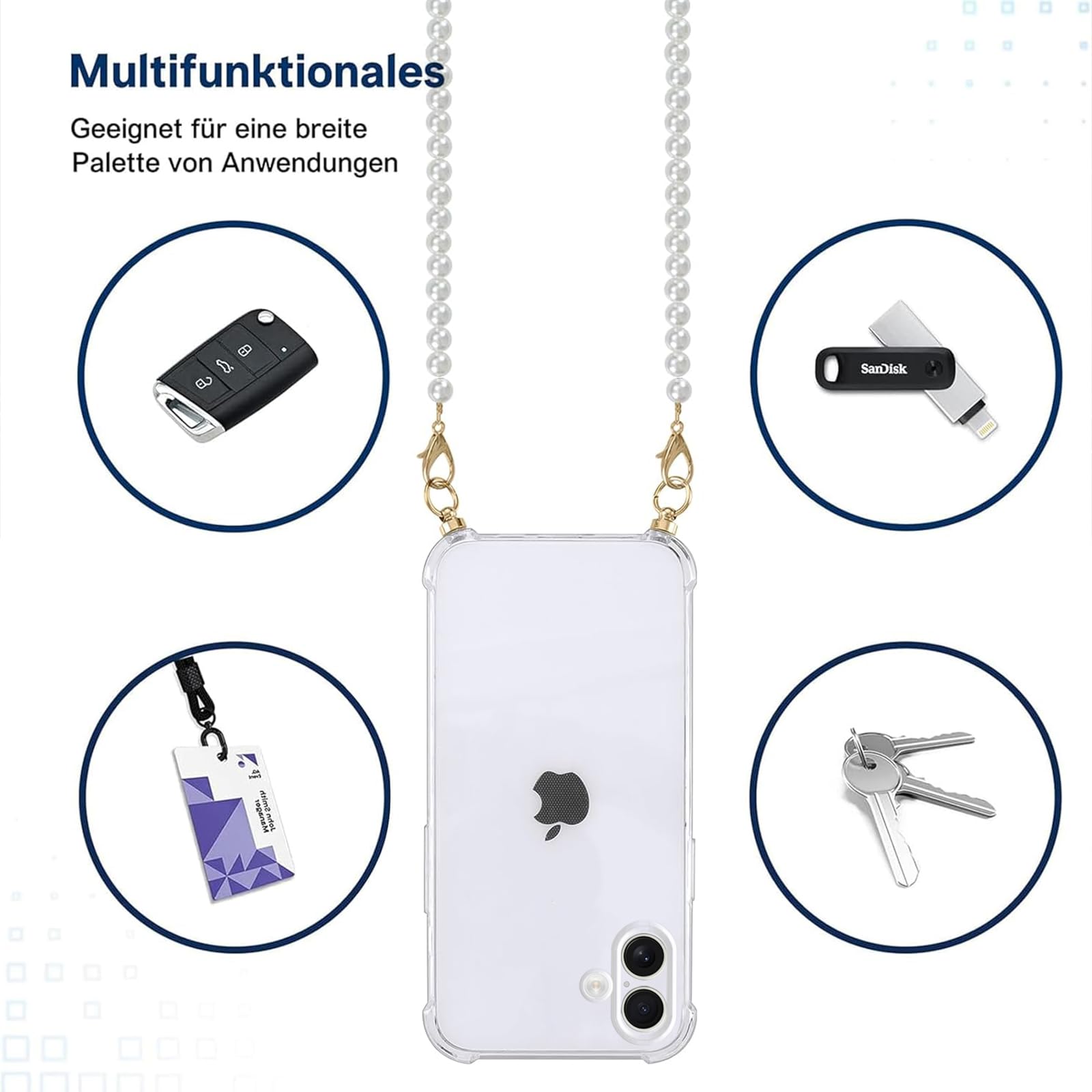Coque IPhone 16 6.1" Avec Cordon Perles Chaîne - Etui Transparent Silicone + Collier Crossbody