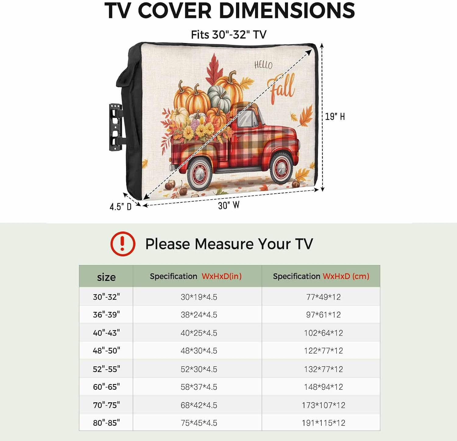 T&H XHome Thanksgiving Truck Outdoor TV Cover Pumpkin Fall Leaves Linen Waterproof and Weatherproof 52"-55" LCD Movable Shield TV Display Screen Protector Outside Television Covers 52" Wx30 H