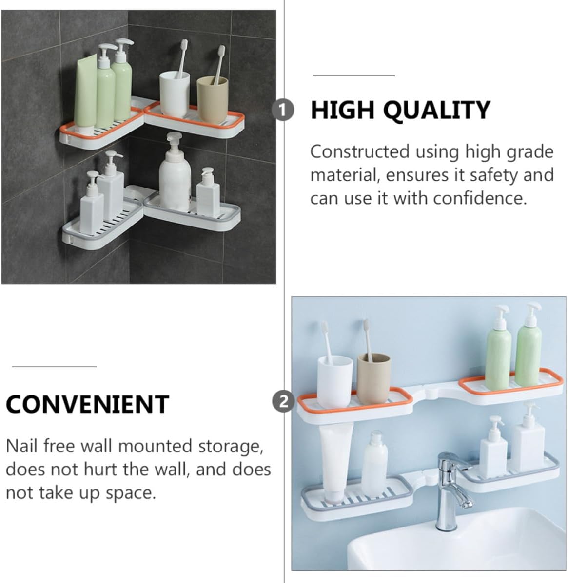 Storage Rack Pp Compartment Wall Mounted Corner Rotatable | Non Punch Install, Breathable Draining Design, Bathroom Washroom Use