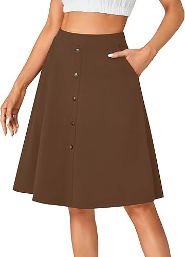 LYANER Women's Stretchy High Waist A-Line Midi Skirt Flared Vintage Casual Skirt