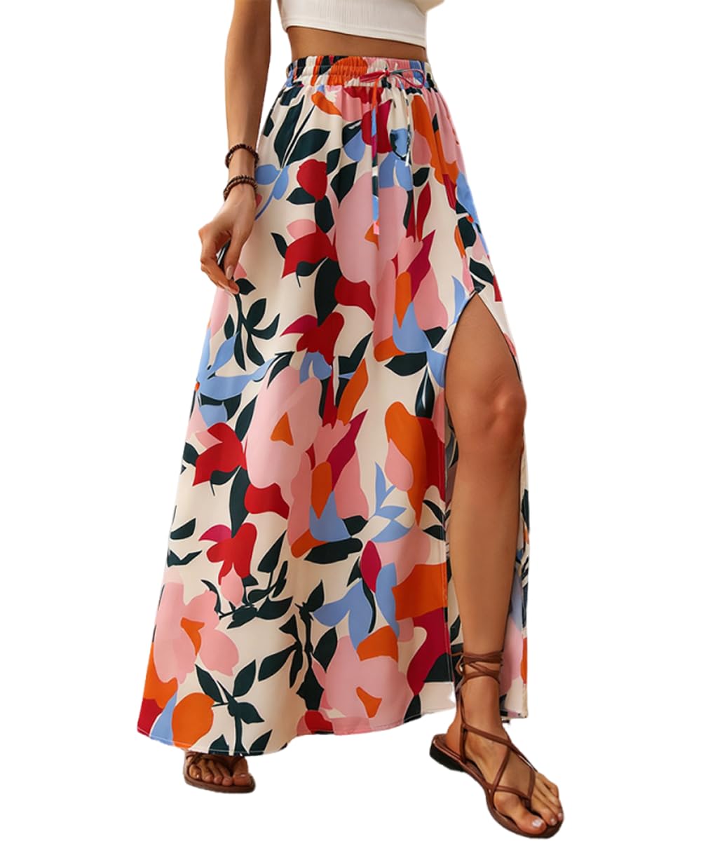 ABINGOO Jupe Longue Femme Taille Haute Elastique A-Ligne Imprimé Fleur Bohème Décontractée Plage Jupe avec Fente Latérale
