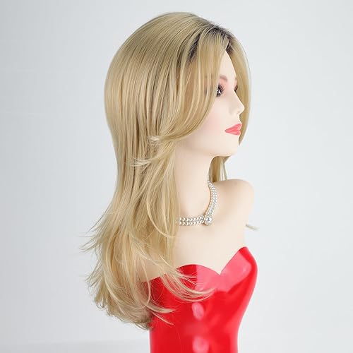 Miniatura 7 de RENERSHOW Pelucas largas onduladas rubias ombré para mujeres blancas, peluca dorada sintética con cortina con flequillo de cortina, parte lateral,