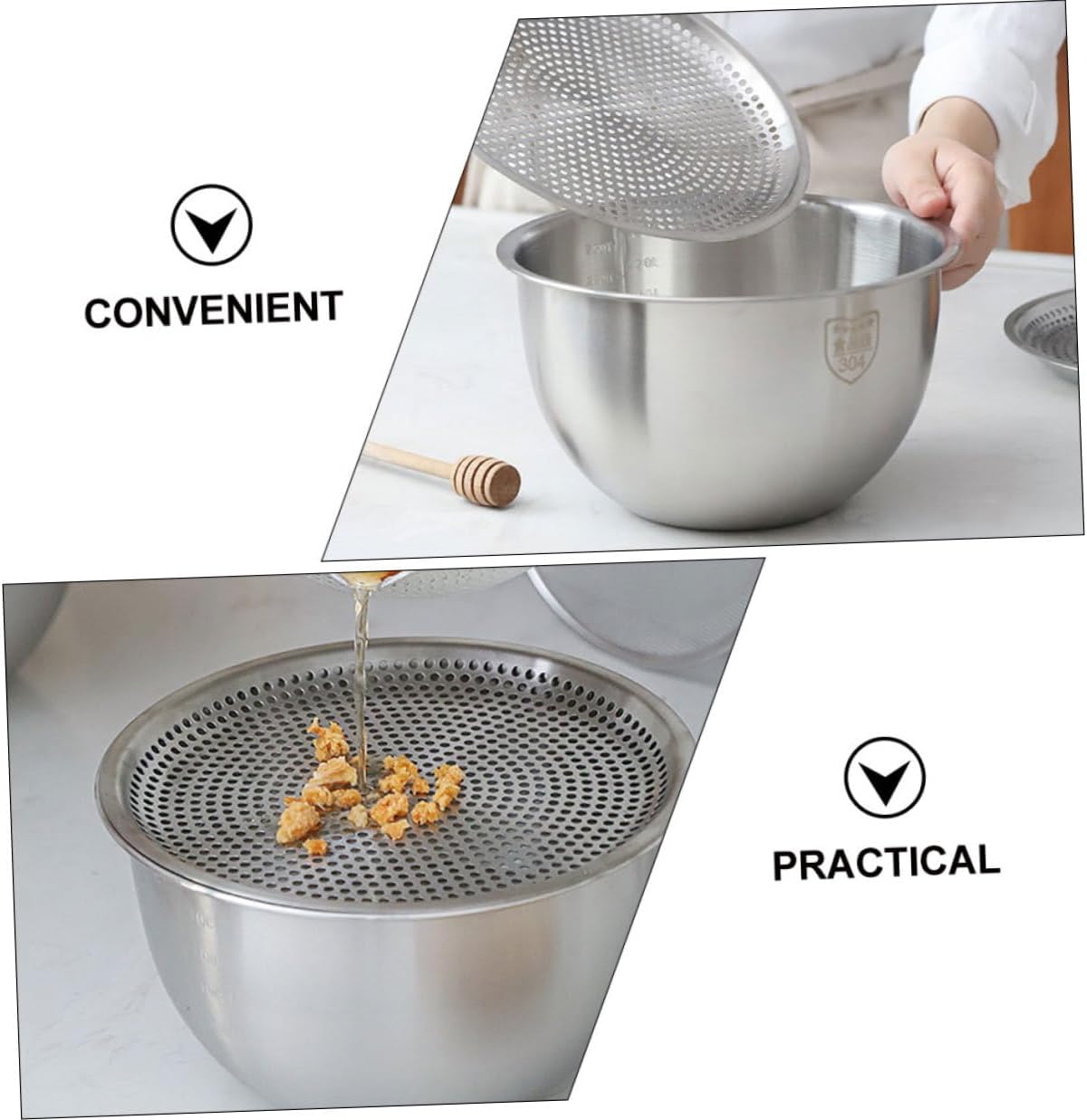 Stainless Steel Drainer Bowl with Colander and Mixing Basin Household Vegetable Strainer for Pasta Draining Salad Mixing Oil Filtering Space-saving Design with Widened Edges for
