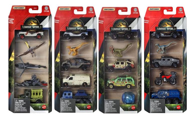 Jurassic World Matchbox Dinosaur Vehicle Collection, Die-Cast Cars and Figures 5 Packs, Bundle of 4, 20 Vehicles, JGL60-956B